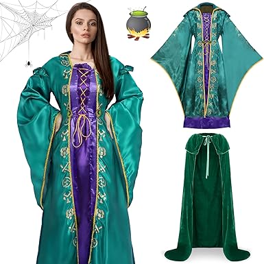 Photo 1 of Toulite 2 Pcs Halloween Witch Costume Women Velvet Cape Medieval Witch Sisters Cosplay Green Dress Set for Party XL
