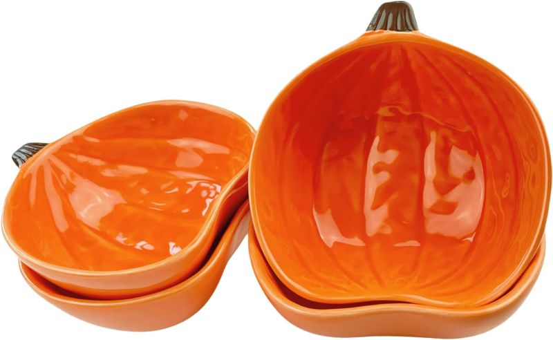 Photo 1 of  4 Pieces Ceramic Pumpkin Bowl 6 Ounces Ramekins Small Pumpkin Shaped Bowls Orange Dinnerware Pumpkin Decoration for Fall Halloween Thanksgiving Serving Dip, Sauce, Condiments,Snack
