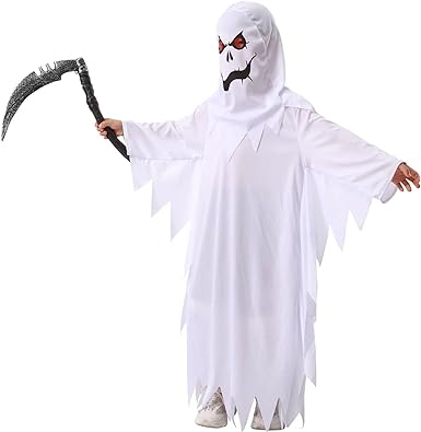 Photo 1 of  White Boo Ghost Halloween Costume for Kids Spooky Trick-or-Treating w/Sickle white Small