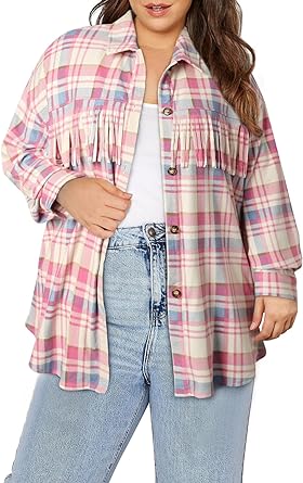 Photo 1 of Eytino Womens Plus Size Casual Plaid Shacket Fringe Trim Jacket with Pockets,3X
