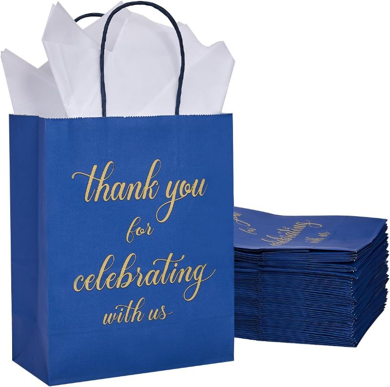 Photo 1 of DjinnGlory 50 Pack Medium Navy Blue Thank You Gift Bags with Tissue Paper 10x8x4 Inch,