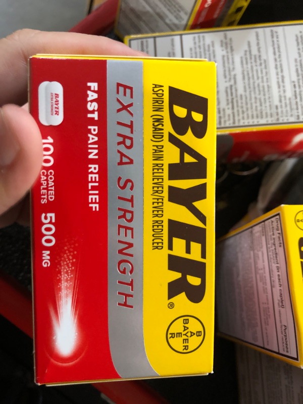 Photo 1 of Bayer Extra Strength Aspirin 500 mg, Pain Reliever and Fever Reducer, Powerful Pain Relief of Headache, Muscle Pain, Minor Arthritis Pain, Back Ache, Toothache, and Menstrual Pain, 100 Coated Tablets