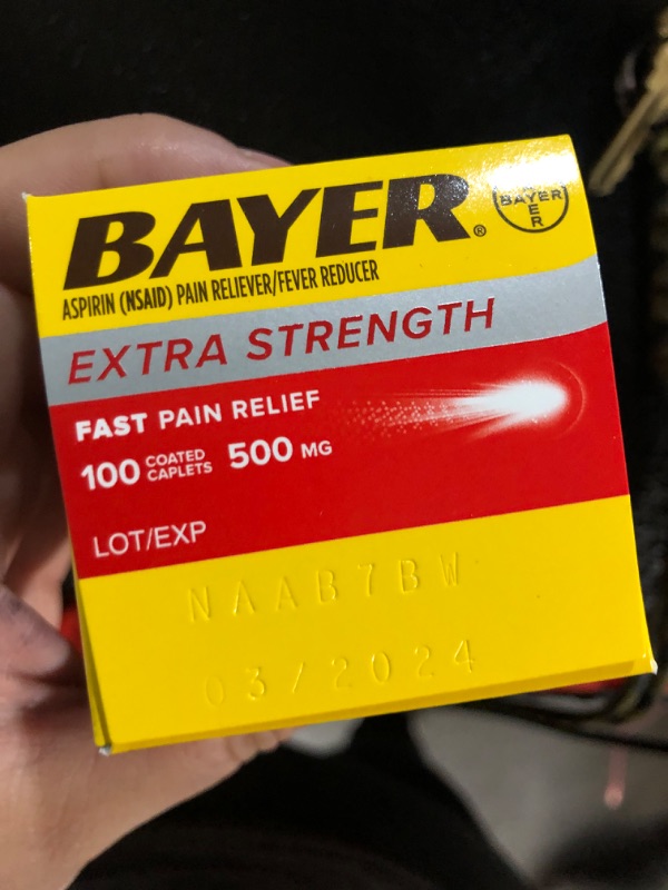 Photo 3 of 03/2024**Bayer Extra Strength Aspirin 500 mg, Pain Reliever and Fever Reducer, Powerful Pain Relief of Headache, Muscle Pain, Minor Arthritis Pain, Back Ache, Toothache, and Menstrual Pain, 100 Coated Tablets