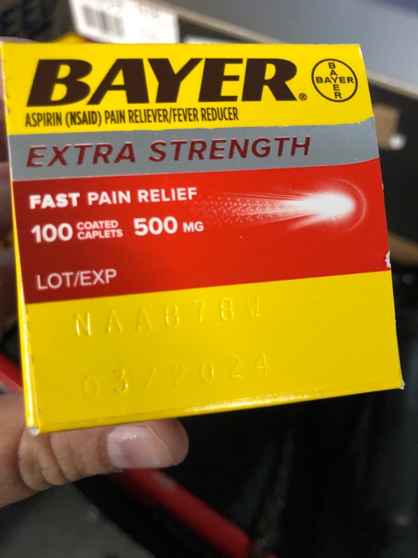 Photo 3 of 03/2024**Bayer Extra Strength Aspirin 500 mg, Pain Reliever and Fever Reducer, Powerful Pain Relief of Headache, Muscle Pain, Minor Arthritis Pain, Back Ache, Toothache, and Menstrual Pain, 100 Coated Tablets