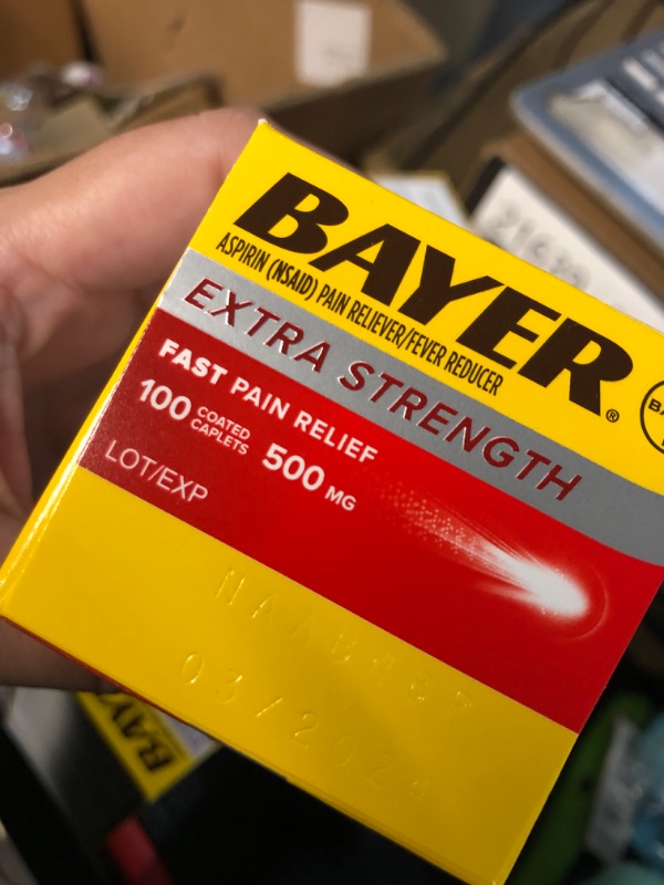 Photo 1 of Bayer Extra Strength Aspirin 500 mg, Pain Reliever and Fever Reducer, Powerful Pain Relief of Headache, Muscle Pain, Minor Arthritis Pain, Back Ache, Toothache, and Menstrual Pain, 100 Coated Tablets