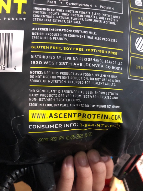 Photo 2 of 01/25/2025  Ascent 100% Whey Protein Powder - Post Workout Whey Protein Isolate, Zero Artificial Flavors & Sweeteners, Gluten Free, 5.5g BCAA, 2.6g Leucine, Essential Amino Acids, Vanilla Bean 4 lb Vanilla 4 Pounds (Pack of 1)