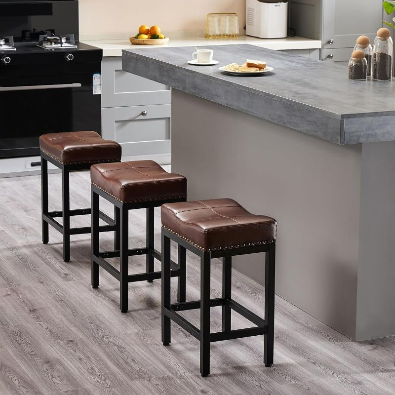 Photo 4 of (READ FULL POST) Saddle Stool Counter Height Barstools- Kitchen Chairs Set of 2, PU Leather Modern Armless Seat with Metal Base Footrest
