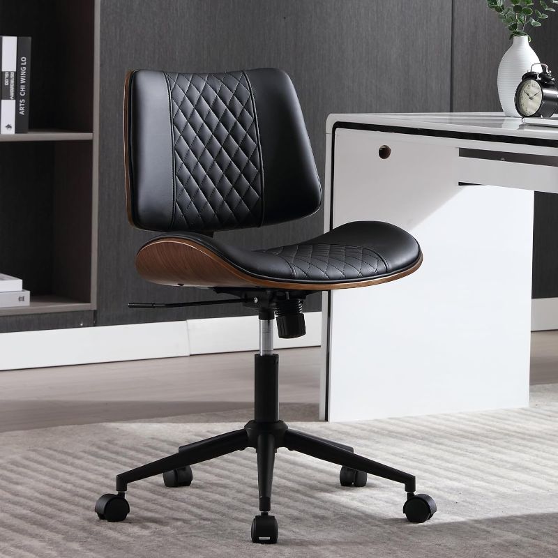 Photo 1 of Home Office Chair No Arms with Wheels, Adjustable Height Small Desk Chair, PU Leather Mid Back 360 Swivel Computer Chair, Armless Modern Walnut Chair for Office, Reading Meeting Room(Black)
