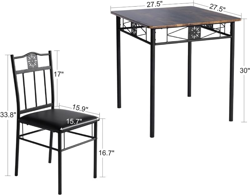 Photo 4 of (READ NOTES) VECELO Small Dining Table Set for 2, 3 Piece Kitchen Bar Dinette Square, with PU Padded Chairs, Retro-Brown Dining table set for 2 Retro-brown