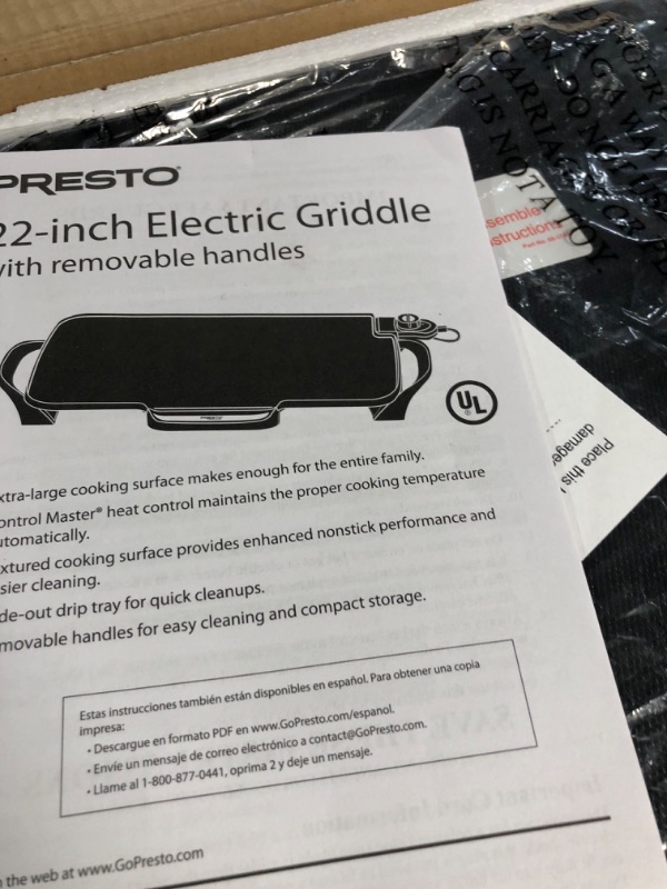 Photo 2 of ***USED - DAMAGED - UNABLE TO TEST***
Presto 07061 22-inch Electric Griddle With Removable Handles, Black, 22-inch