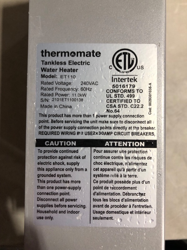 Photo 7 of ***USED - UNABLE TO TEST***
thermomate Electric Tankless Water Heater, 11kW at 240 Volt, On Demand Instant Hot Water Heater, Self Modulating Energy Saving, Save Space, 2.15GPM at 35°F Rise 240V/11kW