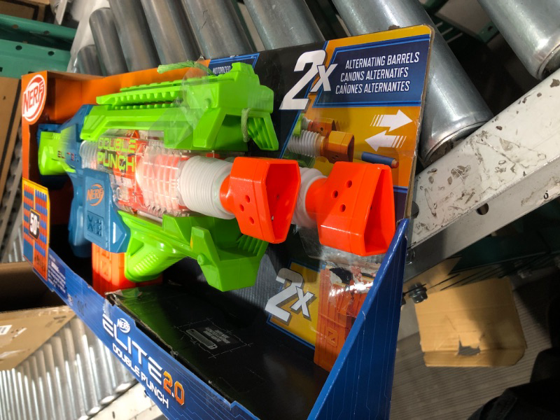 Photo 3 of **DAMAGE**
Nerf Elite 2.0 Double Punch Motorized Dart Blaster, Rapid Alternating Barrels, 50 Nerf Elite Darts, 2X 10-Dart Clips, Ages 8 & Up