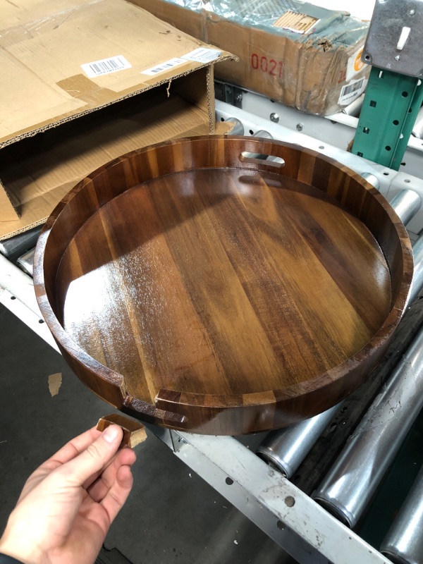 Photo 3 of **DAMAGED** Tanlade 2 Pcs Round Wooden Serving Tray with Handles, 20 Inch Extra Large Acacia Wood