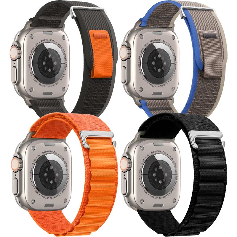 Photo 1 of 4 Pack Alpine Loop and Trail Loop Compatible with Apple Watch Band 42mm 44mm 45mm Men Women, Adjustable Sport Elastic Nylon Strap for iWatch Series Ultra/SE/8/7/6/5/4/3/2/1, Black/Blue/Orange/Black B-Black&Grey/Blue&Grey+C-Hook-Orange/Black 42/44/45mm