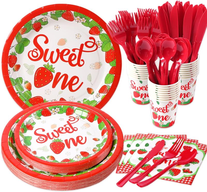 Photo 1 of 175Pcs Strawberry Birthday Party Supplies (Serves 25) Disposable Tableware Set for Kids Boys Party Decorations include Dinner Plates, Dessert Plates, Cups, Knives, Forks, Spoons