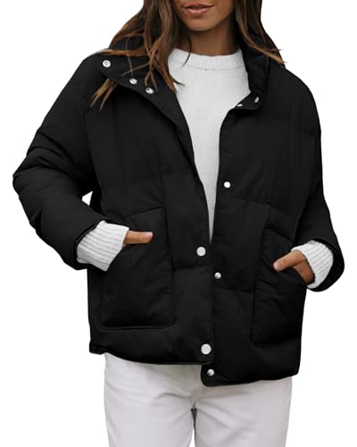 Photo 1 of Fazortev Women's Down Coat Relaxed Fit Jacket High Neckline Large Pockets Button Closure Outwear Medium Black