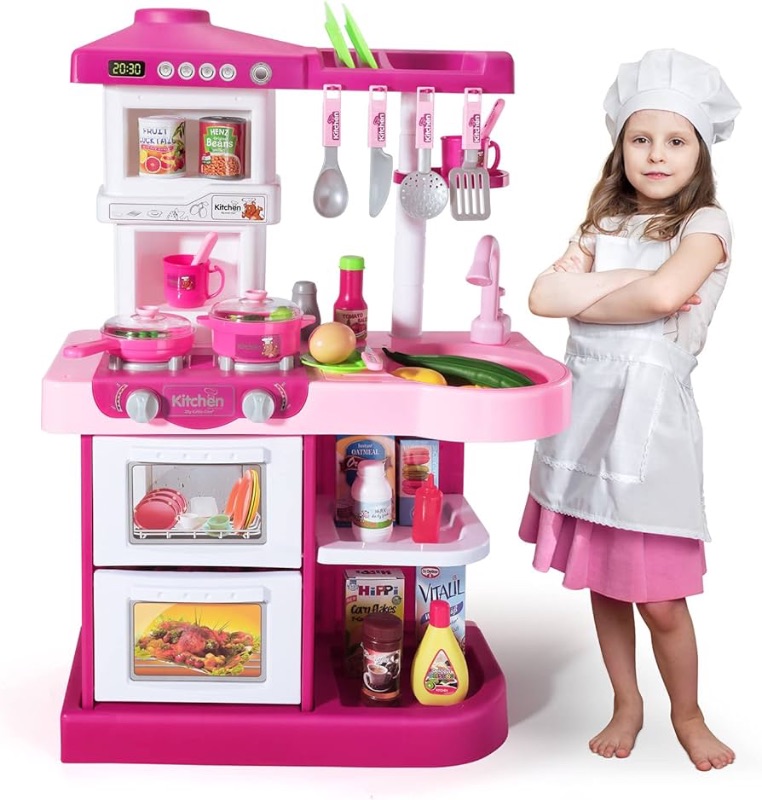 Photo 1 of emi Play Kitchen Pretend Food Playset - 53 PCS Pink Kitchen Toys for Toddlers, Toy Accessories Set w/ Real Sounds and Light, Outdoor for Kids, Girls & Boys