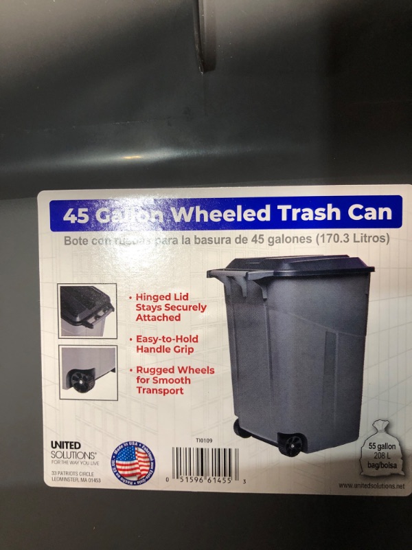 Photo 4 of **MISSING PIECES**
United Solutions Durable 45-Gallon Wheeled Outdoor Trash Can with Lid - Ideal for Waste Management, Trash Bins with lids and Wheels for Easy Mobility, Black and Gray Gray w/ Black Lid 45 Gallon - 2 Pack Wheeled Garbage Can