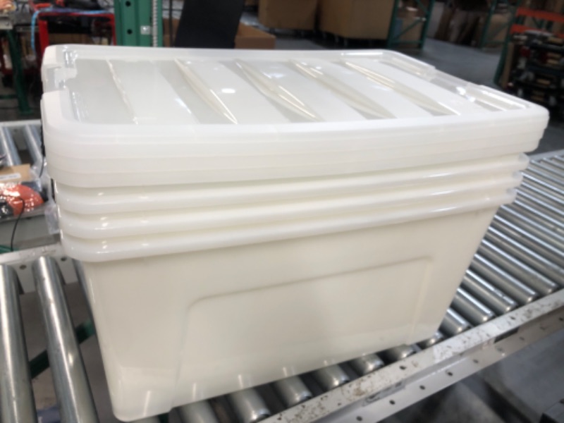 Photo 1 of **DAMAGE**
IRIS USA 72 Qt. Plastic Storage Container Bin with Secure Lid and Latching Buckles, 4 pack - Pearl