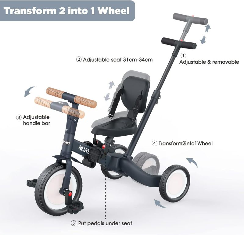 Photo 9 of (READ NOTES) newyoo Tricycles for 1-3 Year Olds, Toddler Bike with Backrest and Safety Belt, Balance Bike, Perfect Boys & Girls Birthday Gift & Toys, Adjustable Seat & Pedals (Dark Grey, TR007) Dark Grey TR007
