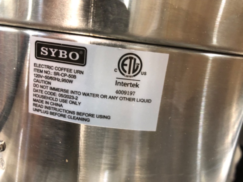 Photo 6 of (USED/SEE NOTES) SYBO 2022 UPGRADE SR-CP-50B Commercial Grade Stainless Steel Percolate Coffee Maker Hot Water Urn for Catering, 50-Cup 8 L, Metallic