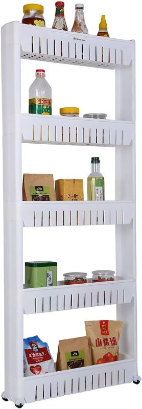 Photo 1 of (READ NOTES) Mobile Shelving Unit Organizer with 5 Large Storage Baskets, Slim Slide Out Pantry Storage Rack& Closet Organizer with 6 Shelves, Over the Door Pantry Organizer and Bathroom Organizer 5 Tier Organizer + Organizer, 6 Shelves