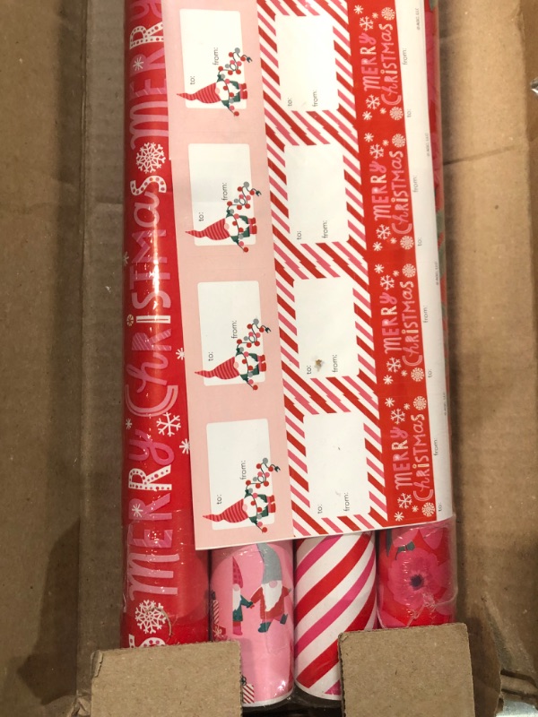 Photo 3 of American Greetings 120 sq. ft. Pink Christmas Wrapping Paper Set, Red and Pink (4 Rolls 30 in. x 12 ft., 7 Bows, 30 Gift Tags) Red, Pink