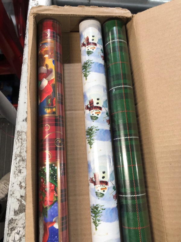 Photo 4 of Hallmark Reversible Christmas Wrapping Paper (3 Rolls: 120 sq. ft. ttl) Green, Red and White Plaids & Holiday Reversible Wrapping Paper Bundle, Rustic Christmas (Pack of 3, 120 sq. ft. ttl) Santa, Snowmen, and Plaid Wrapping Paper + Wrapping Paper Bundle