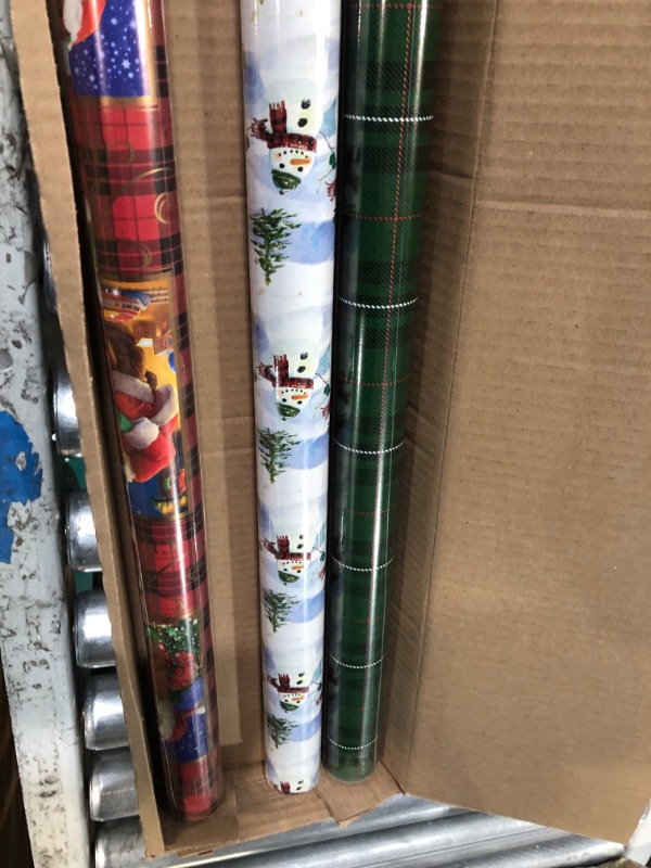 Photo 3 of Hallmark Reversible Christmas Wrapping Paper (3 Rolls: 120 sq. ft. ttl) Green, Red and White Plaids & Holiday Reversible Wrapping Paper Bundle, Rustic Christmas (Pack of 3, 120 sq. ft. ttl) Santa, Snowmen, and Plaid Wrapping Paper + Wrapping Paper Bundle