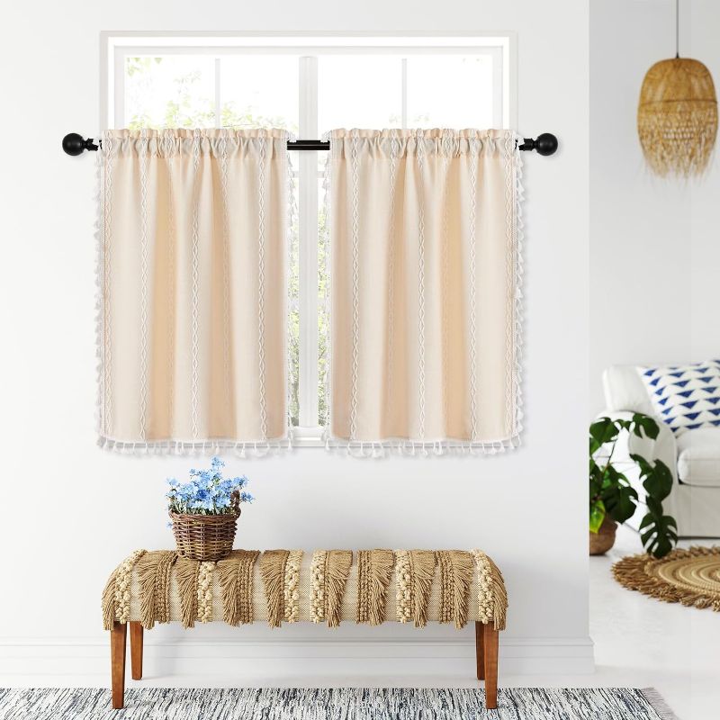 Photo 1 of MitoVilla Cream Boho Kitchen Curtains 24 Inch Length, 2 Panels Beige Farmhouse Cafe 