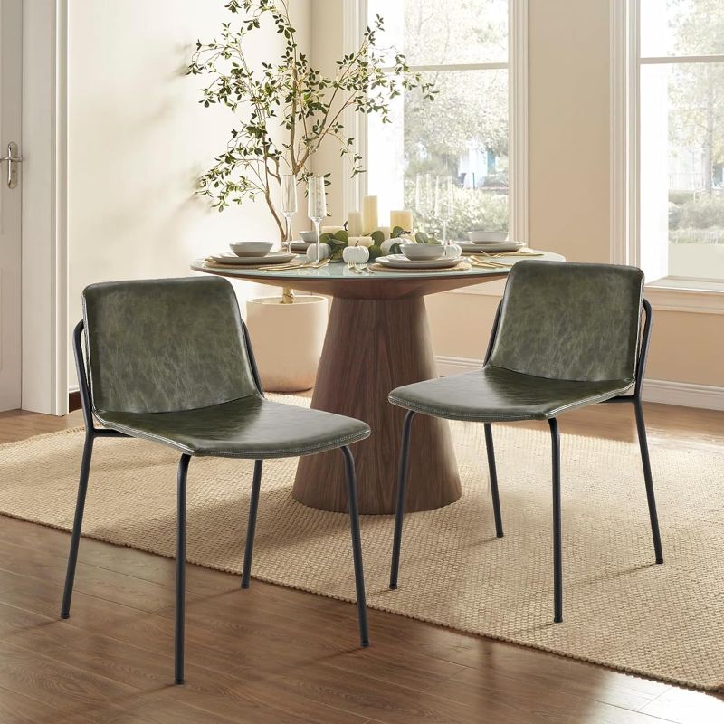 Photo 1 of (READ NOTES) COLAMY PU Leather Dining Chairs Set of 2, Mid Back Modern Upholstered Dining Room Kitchen Side Chair with Metal Legs for Home/Living Room/Bedroom/Office, Green

