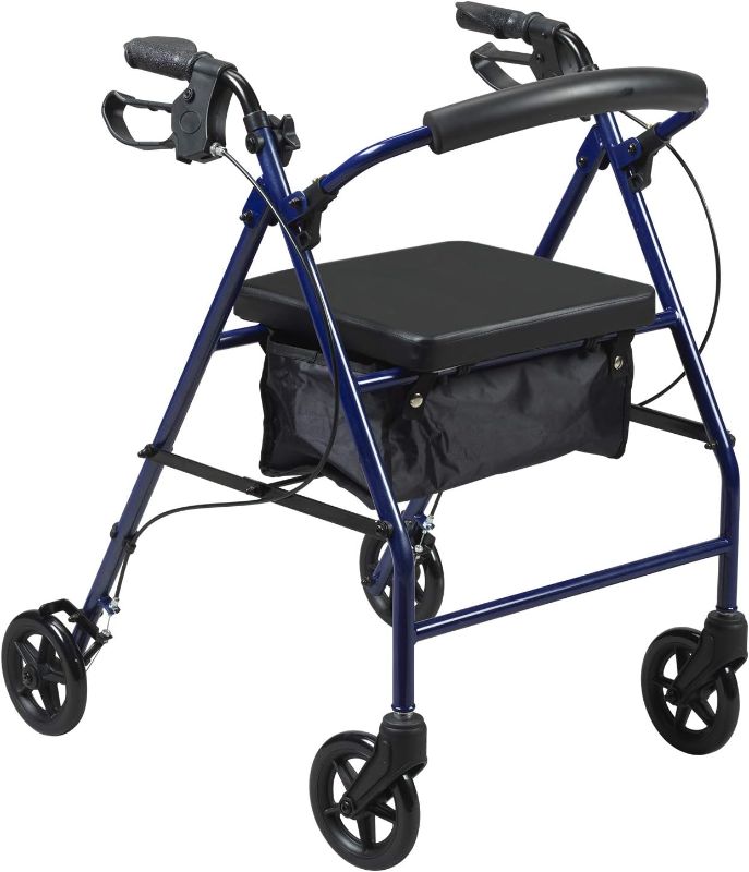 Photo 1 of Drive Medical 10257BL-1 4 Wheel Rollator Walker with Seat, Steel Rolling Walker, Height Adjustable & 10210-1 2-Button Folding Walker with Wheels, Rolling Walker, Front Wheel Walker Blue Folding+ Folding Walker