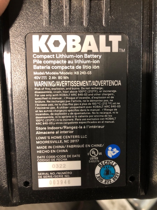 Photo 5 of Kobalt 40-Volt 4-Amps 4.0ah Rechargeable Lithium Ion (Li-Ion) Cordless Power Equipment Battery