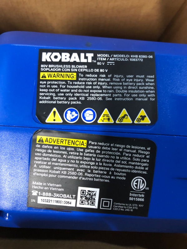 Photo 7 of ***USED - NO BATTERY AND CHARGER***
Kobalt 80-volt 630-CFM 140-MPH Battery Handheld Leaf Blower