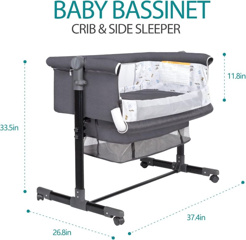 Photo 4 of (READ NOTES) GoFirst Bedside Bassinet for Baby, Bedside Sleeper with Wheels, Heigt Adjustable, with Mosquito Nets, Large Storage Bag, for Infant/Baby/Newborn (Light Grey)