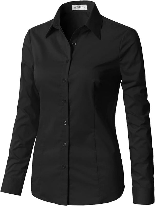 Photo 1 of DOUBLJU Women's Long Sleeve Button Closure Tight Fitting Basic Down Dress Shirt