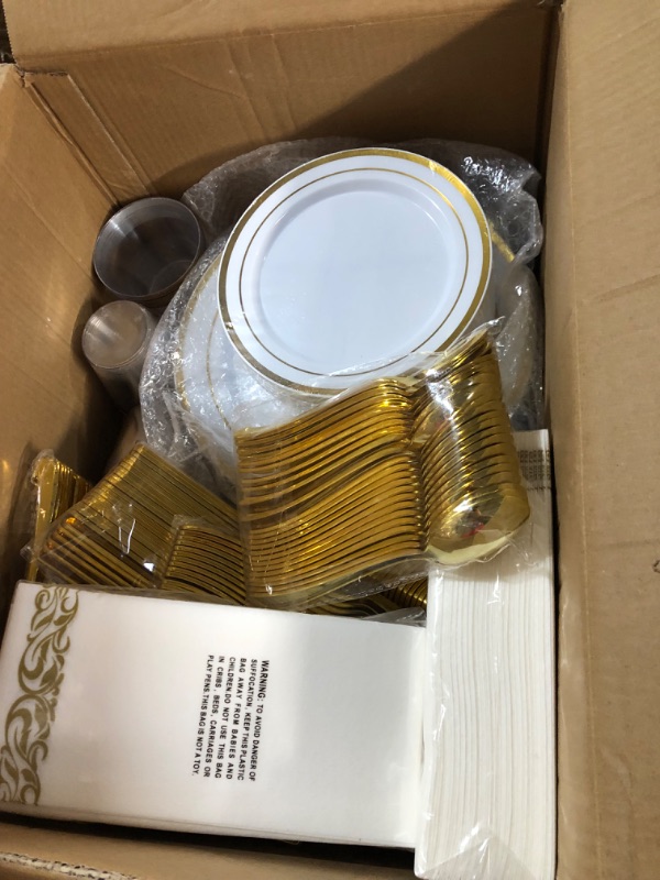 Photo 3 of 700 Piece Gold Dinnerware Set for 100 Guests, Plastic Plates Disposable for Party, Include: 100 Gold Rim Dinner Plates, 100 Dessert Plates, 100 Paper Napkins, 100 Cups, 100 Gold Plastic Silverware Set