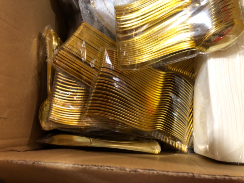 Photo 1 of 700 Piece Gold Dinnerware Set for 100 Guests, Plastic Plates Disposable for Party, Include: 100 Gold Rim Dinner Plates, 100 Dessert Plates, 100 Paper Napkins, 100 Cups, 100 Gold Plastic Silverware Set
