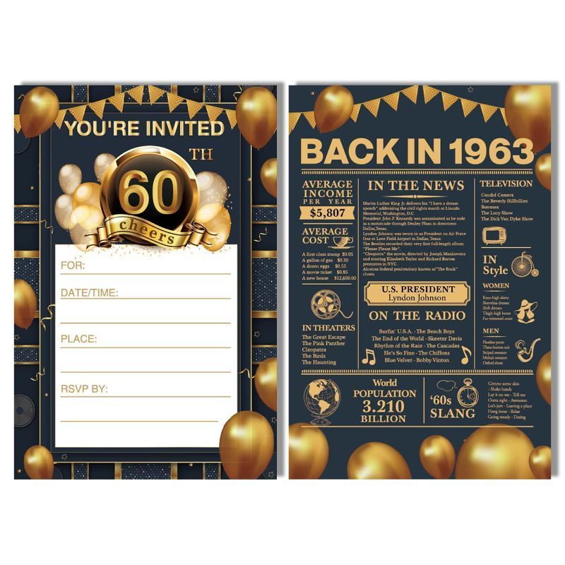 Photo 1 of Yigaue Real Gold Foil 60th Birthday Party Invitations blue 2 pack