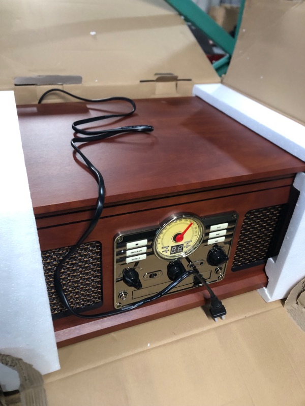 Photo 2 of Victrola Nostalgic 6-in-1 Bluetooth Record Player & Multimedia Center with Built-in Speakers - 3-Speed Turntable, CD & Cassette Player, FM Radio | Wireless Music Streaming | Mahogany Mahogany Entertainment Center