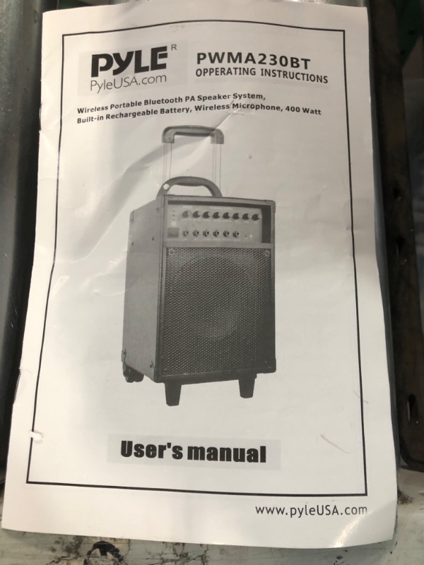 Photo 5 of ***missing parts***Pyle Wireless Portable PA System-400W Bluetooth Compatible Rechargeable Battery Powered Outdoor Sound Stereo Speaker Microphone Set w/Handle, Wheels-1/4 to AUX, RCA Cable (PWMA230BT)