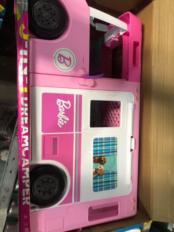 Photo 2 of Barbie Camper 3-in-1 DreamCamper Toy Playset Transforming Camper with Pool, Truck and Boat 60 Barbie Accessories Kids Toys and Gifts 3 in 1 Camper