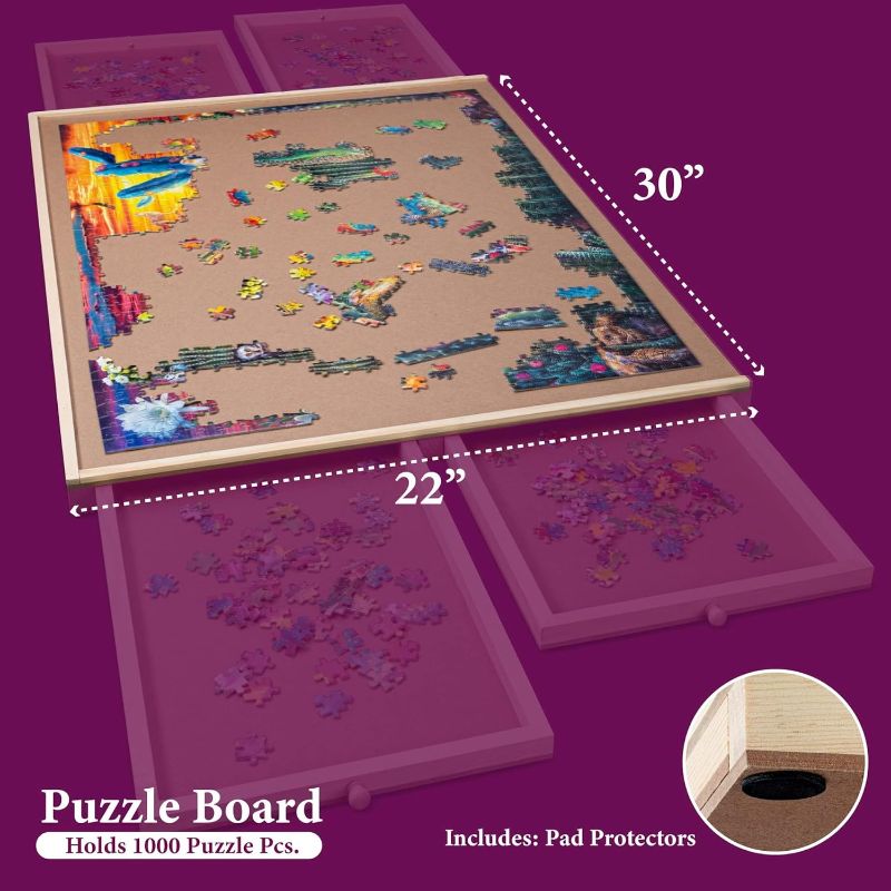 Photo 4 of (READ FULL POST) 1000 Piece Rotating Wooden Jigsaw Puzzle Table - 4 Drawers, Puzzle Board with Puzzle Cover | 22 1/4” x 30" Jigsaw Puzzle Board Portable - Portable Puzzle Table Rotating With Cover