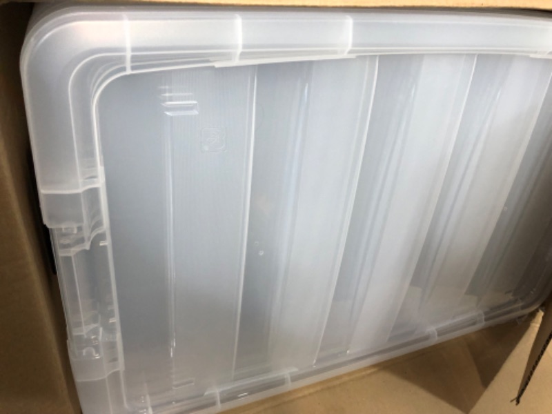 Photo 4 of ***1 bin damaged** IRIS USA 72 Qt. Plastic Storage Bin Tote Organizing Container with Durable Lid and Secure Latching Buckles, Stackable and Nestable, 4 Pack, Crystal Clear 72 Qt. - 4 Pack, Crystal Clear