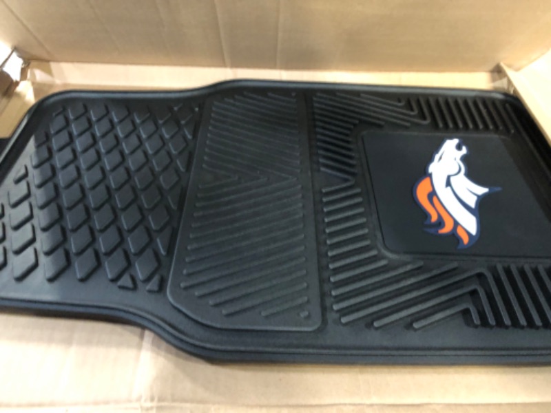 Photo 1 of FANMATS 8768 Denver Broncos 2-Piece Heavy Duty Vinyl Car Mat Set, Front Row Floor Mats, All Weather Protection, Universal Fit, Deep Resevoir Design