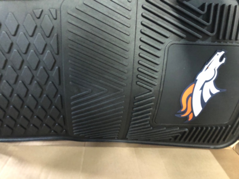 Photo 1 of FANMATS 8768 Denver Broncos 2-Piece Heavy Duty Vinyl Car Mat Set, Front Row Floor Mats, All Weather Protection, Universal Fit, Deep Resevoir Design