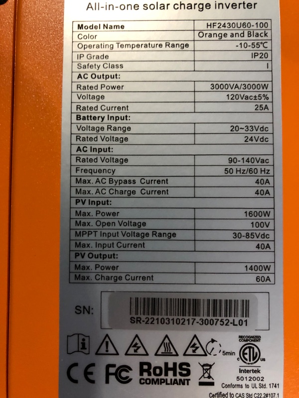 Photo 5 of ECO-WORTHY All-in-one Solar Charger Inverter Built in 3000W 24V Pure Sine Wave Power Inverter and 50A Solar Controller for Off-Grid System