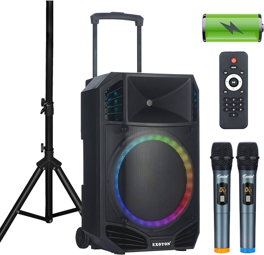 Photo 1 of EXOTON S-1501 15 inch Portable Wireless PA Speaker System - 1600W Active Powered Bluetooth Compatible Speaker, Rechargeable Battery, Easy Carry Wheels, USB MP3 RCA, FM Radio, 2 UHF Microphone, Remote