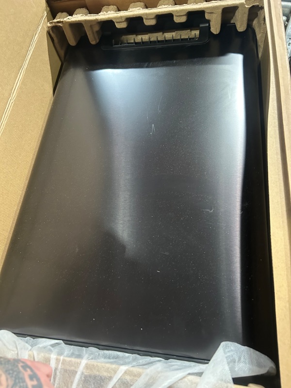 Photo 2 of ***MAJOR DAMAGE - DENTS - FOOT PEDAL BROKEN***
Kohler 20940-BST Step Trash Can, 13 Gallon, Black with Stainless Steel