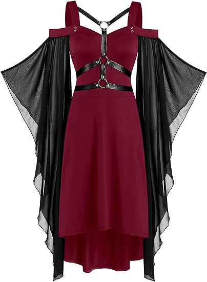 Photo 1 of FEAPHY Women's Gothic Dress Vintage Chiffon Cold Shoulder Flare Sleeve High Low Dress
